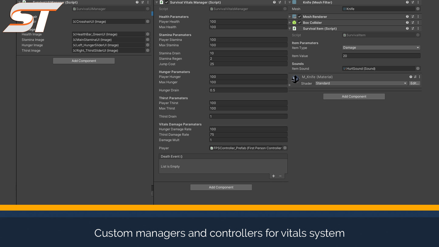 screenshot of controllers for survival vitals system