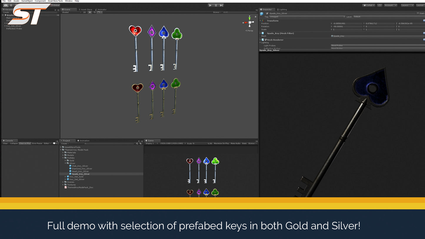 screenshot of pbr themed keys in the unity demo scene