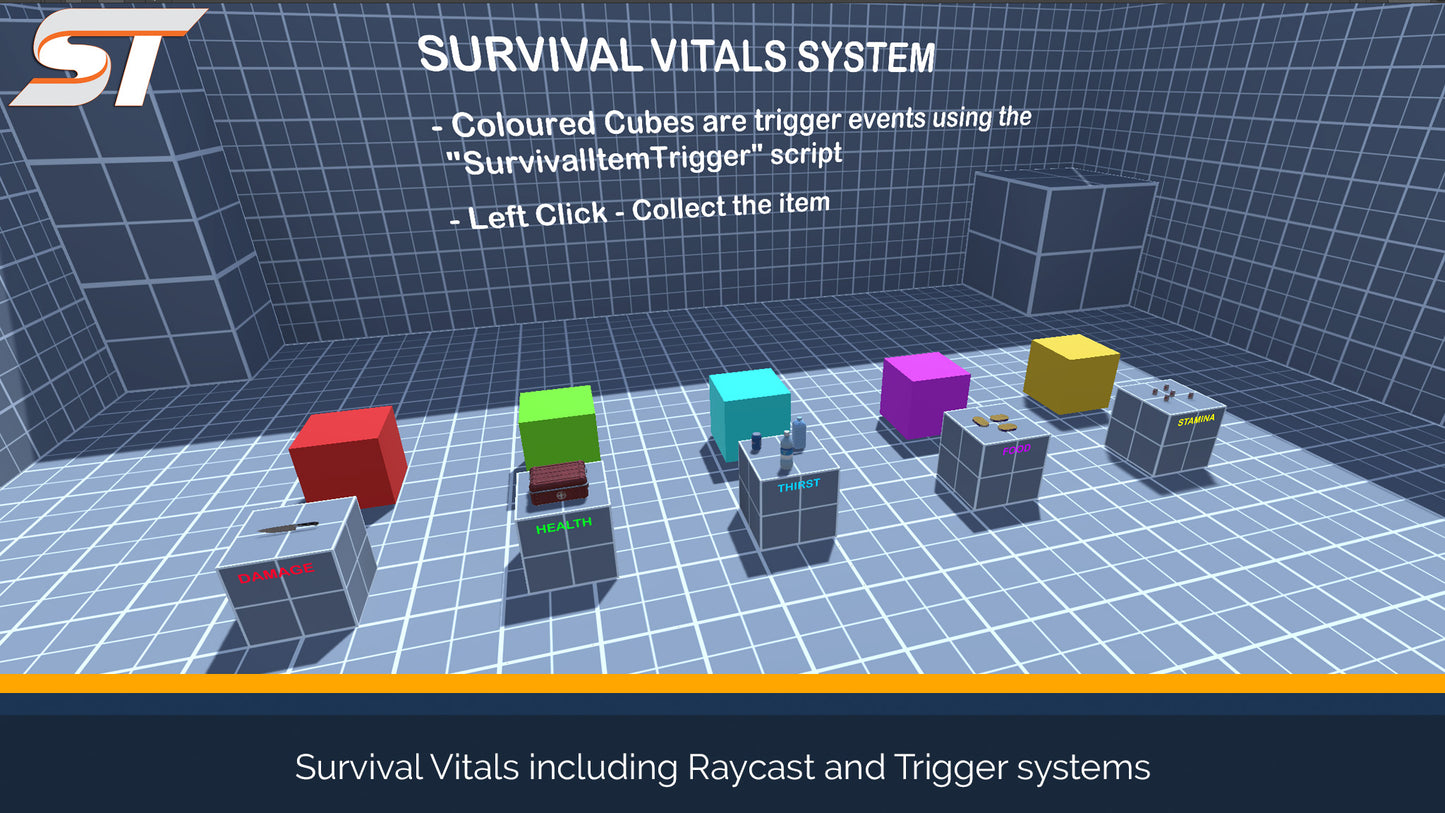 screenshot of survival demo scene with items and triggers