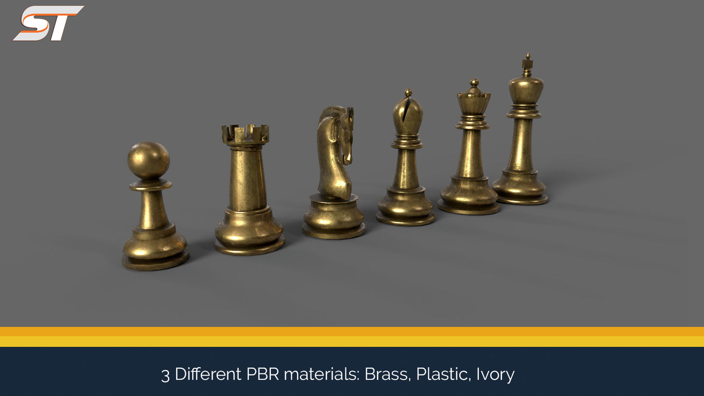 screenshot of brass chess pieces in 3d render