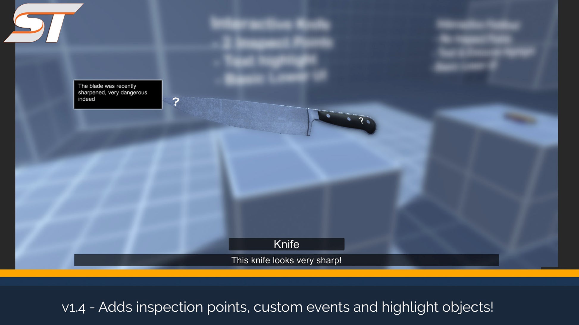 screenshot of an examined knife with inspect points to find more information